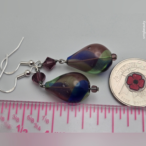 Vintage Hand-Blown Glass Dangle Earrings Sterling Silver Hooks Handmade Artisan - Picture 6 of 6